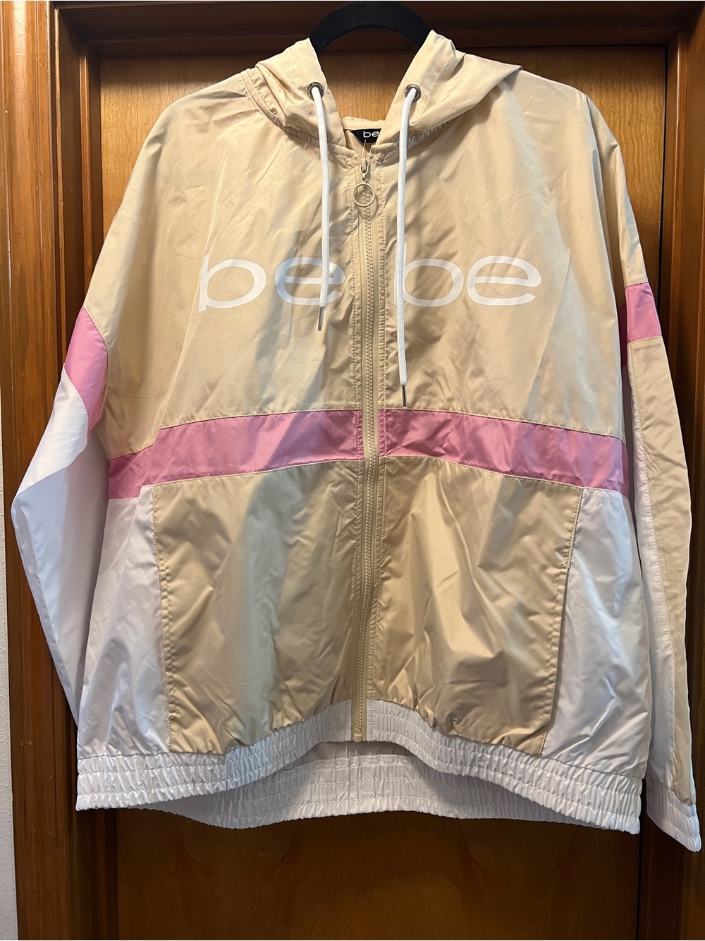 bebe Beige, Pink & White Hooded Bomber Jacket